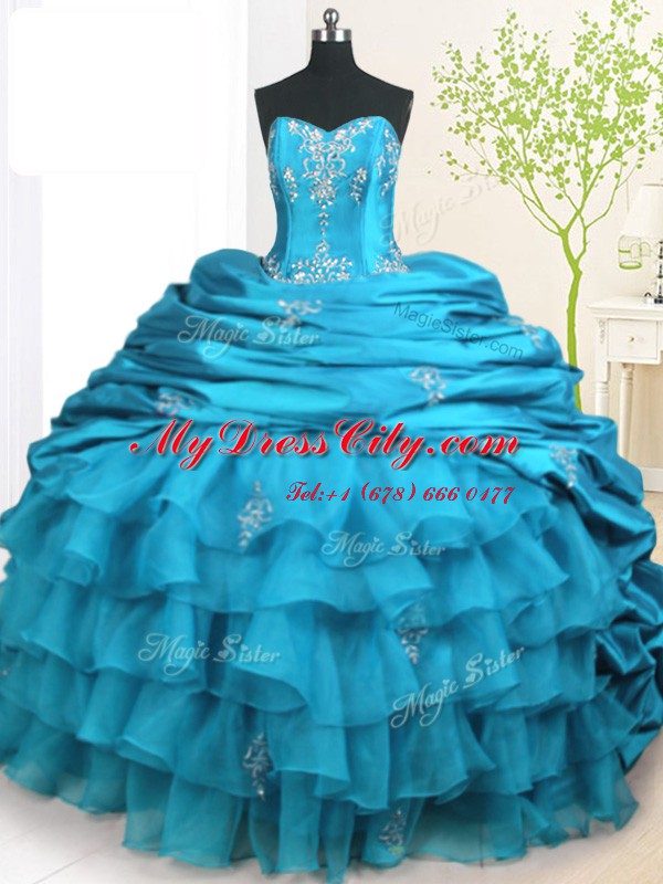 Fine Teal Strapless Lace Up Beading and Appliques and Ruffled Layers and Pick Ups Sweet 16 Quinceanera Dress Brush Train Sleeveless