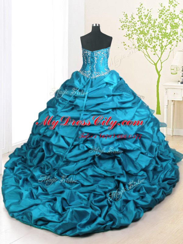 Fine Teal Strapless Lace Up Beading and Appliques and Ruffled Layers and Pick Ups Sweet 16 Quinceanera Dress Brush Train Sleeveless