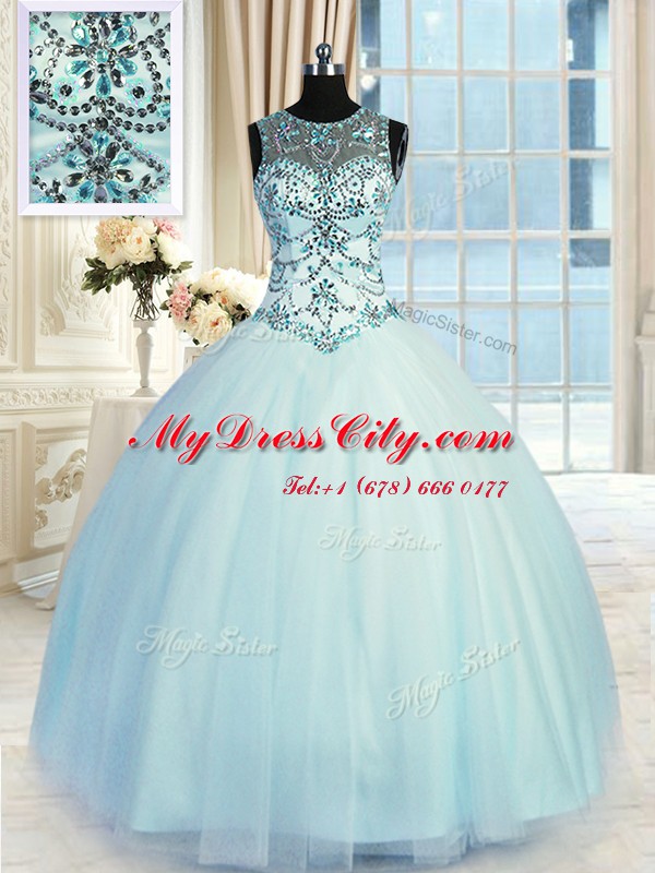 Vintage Light Blue Quinceanera Dress Military Ball and Sweet 16 and Quinceanera and For with Beading Scoop Sleeveless Lace Up