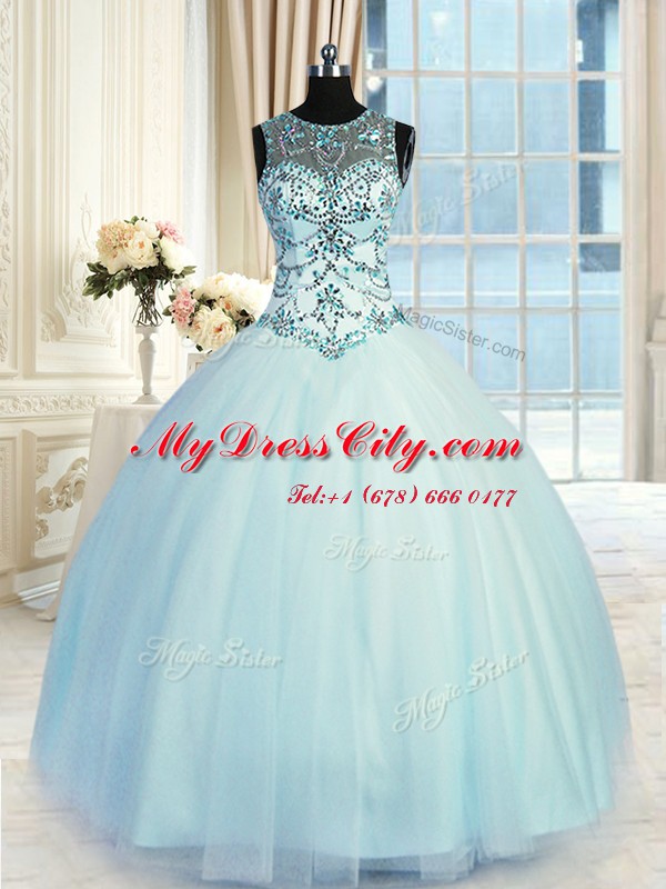 Vintage Light Blue Quinceanera Dress Military Ball and Sweet 16 and Quinceanera and For with Beading Scoop Sleeveless Lace Up