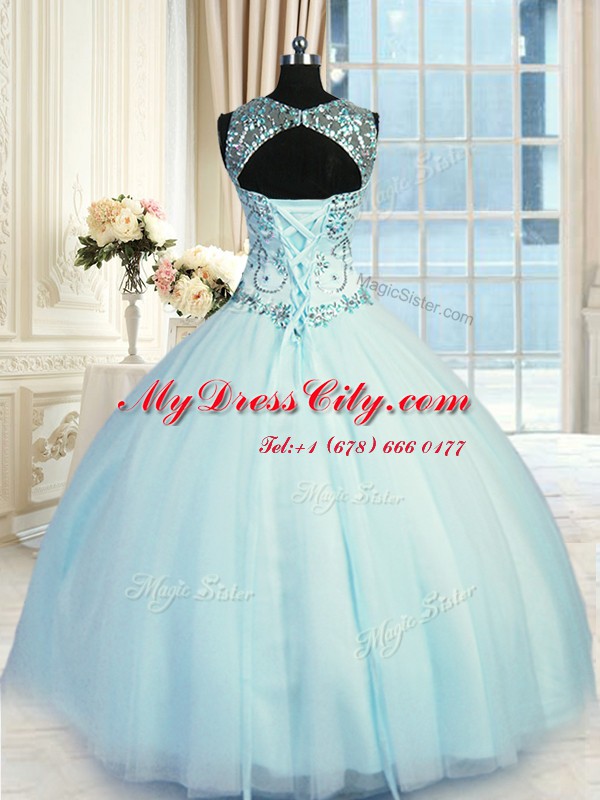 Vintage Light Blue Quinceanera Dress Military Ball and Sweet 16 and Quinceanera and For with Beading Scoop Sleeveless Lace Up