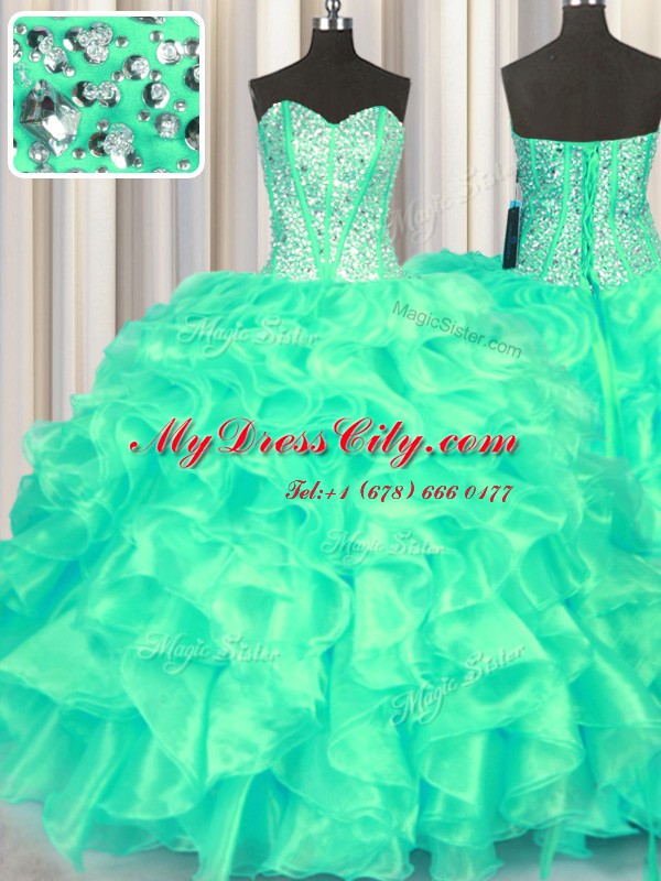 Pretty Turquoise Sweetheart Lace Up Beading and Ruffles Sweet 16 Dresses Sleeveless