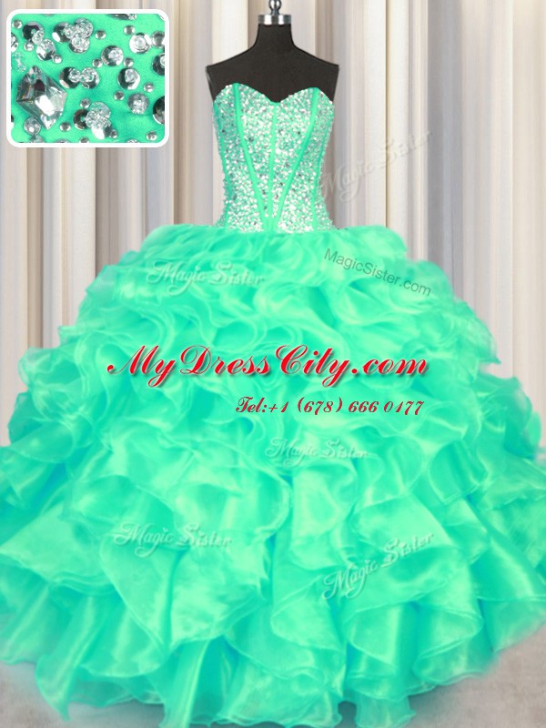 Pretty Turquoise Sweetheart Lace Up Beading and Ruffles Sweet 16 Dresses Sleeveless