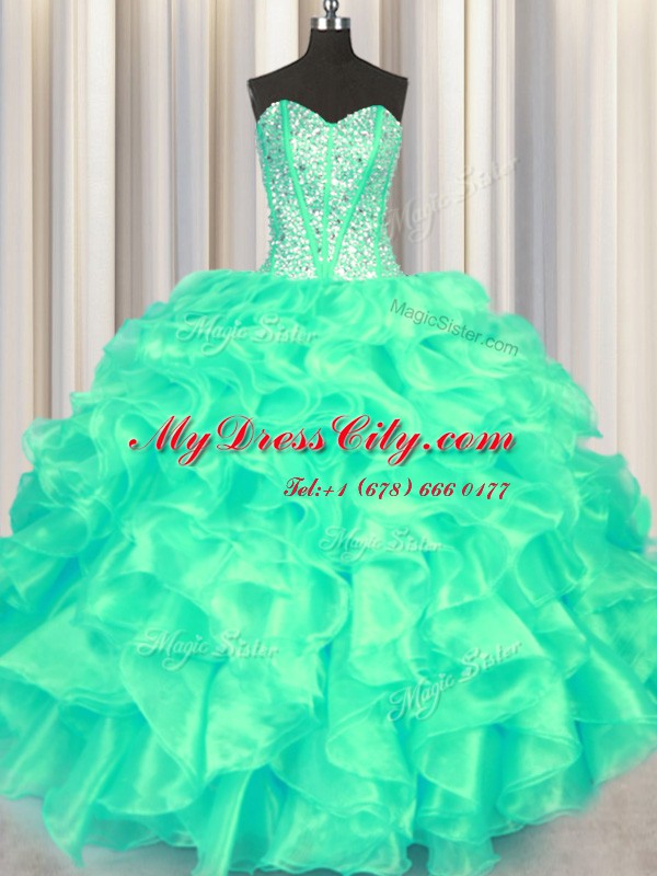 Pretty Turquoise Sweetheart Lace Up Beading and Ruffles Sweet 16 Dresses Sleeveless