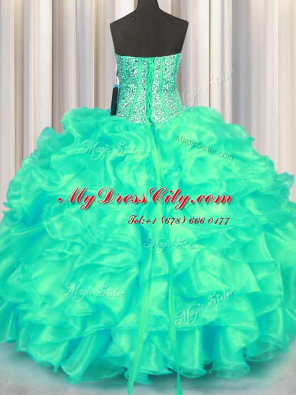 Pretty Turquoise Sweetheart Lace Up Beading and Ruffles Sweet 16 Dresses Sleeveless