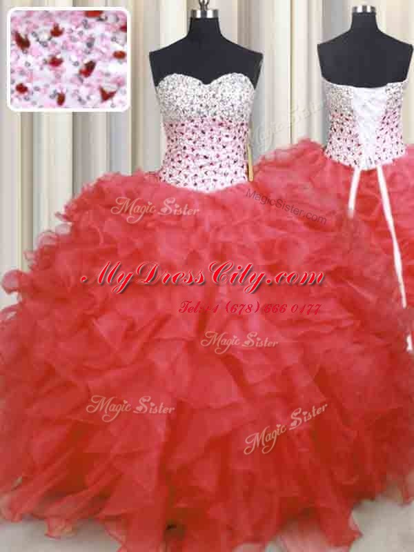 Trendy Watermelon Red Organza Lace Up Sweetheart Sleeveless Floor Length Vestidos de Quinceanera Beading and Ruffles