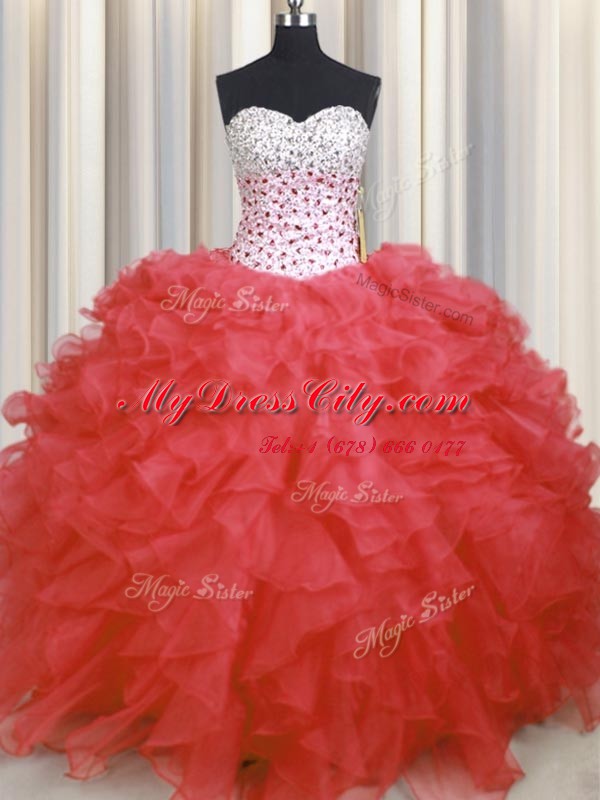 Trendy Watermelon Red Organza Lace Up Sweetheart Sleeveless Floor Length Vestidos de Quinceanera Beading and Ruffles