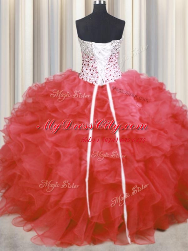 Trendy Watermelon Red Organza Lace Up Sweetheart Sleeveless Floor Length Vestidos de Quinceanera Beading and Ruffles