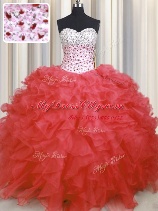 Trendy Watermelon Red Organza Lace Up Sweetheart Sleeveless Floor Length Vestidos de Quinceanera Beading and Ruffles