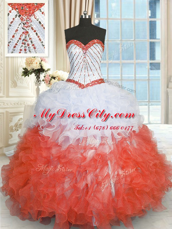 On Sale Floor Length Lace Up Quince Ball Gowns White And Red for Military Ball and Sweet 16 and Quinceanera with Beading and Ruffles