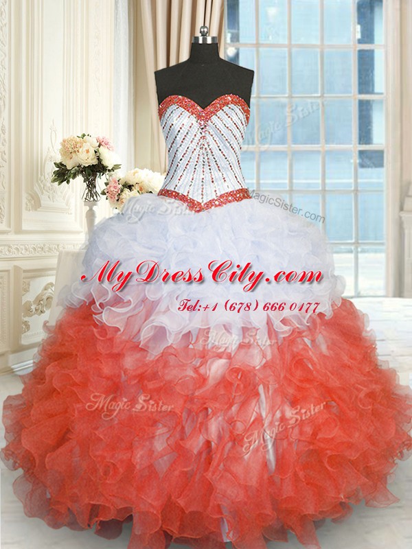 On Sale Floor Length Lace Up Quince Ball Gowns White And Red for Military Ball and Sweet 16 and Quinceanera with Beading and Ruffles