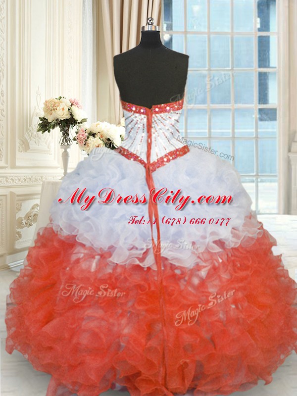 On Sale Floor Length Lace Up Quince Ball Gowns White And Red for Military Ball and Sweet 16 and Quinceanera with Beading and Ruffles