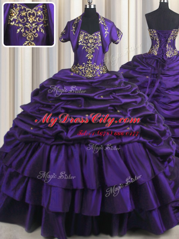 High End Pick Ups Sweetheart Sleeveless Brush Train Lace Up Quince Ball Gowns Purple Taffeta