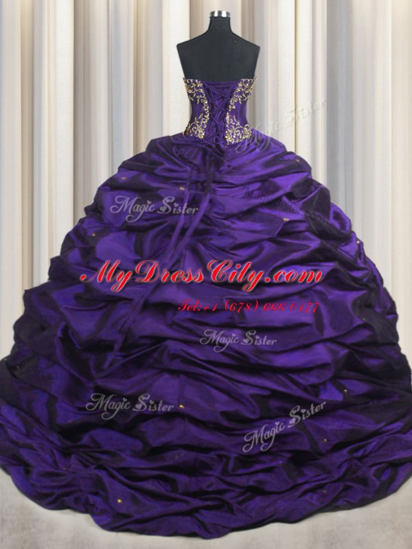 High End Pick Ups Sweetheart Sleeveless Brush Train Lace Up Quince Ball Gowns Purple Taffeta