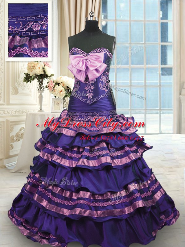 Admirable Ruffled Layers With Train Dark Purple Ball Gown Prom Dress Sweetheart Sleeveless Sweep Train Lace Up