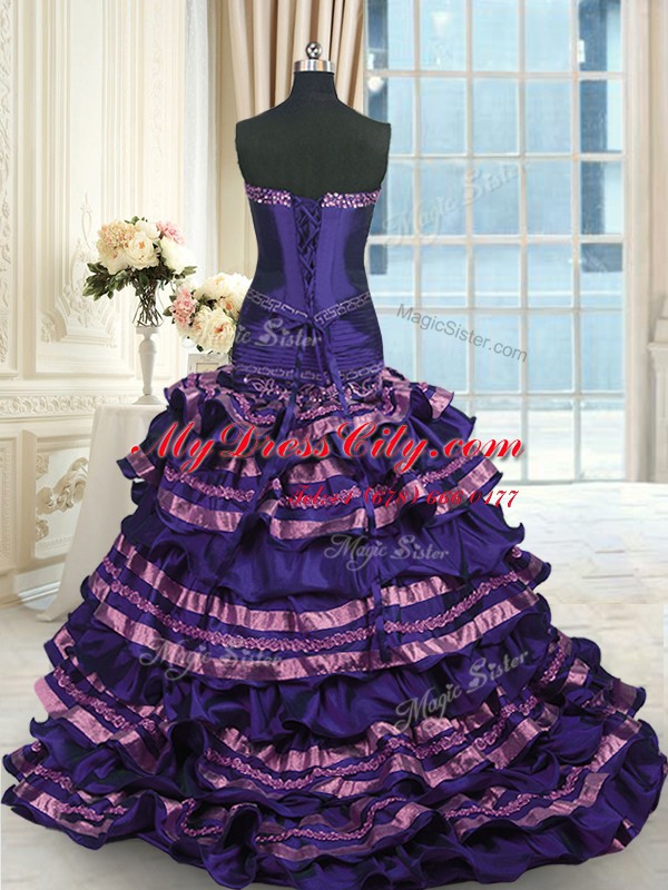 Admirable Ruffled Layers With Train Dark Purple Ball Gown Prom Dress Sweetheart Sleeveless Sweep Train Lace Up