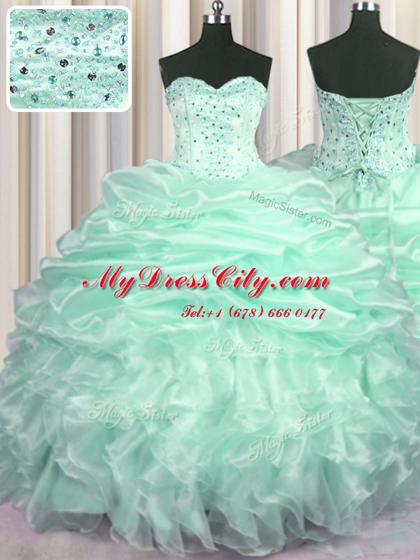 Excellent Apple Green Sweetheart Lace Up Beading and Ruffles and Pick Ups Ball Gown Prom Dress Sweep Train Sleeveless