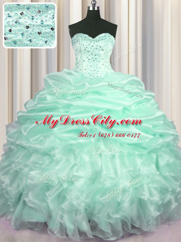 Excellent Apple Green Sweetheart Lace Up Beading and Ruffles and Pick Ups Ball Gown Prom Dress Sweep Train Sleeveless