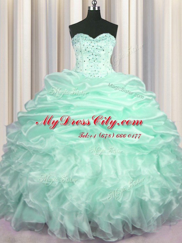 Excellent Apple Green Sweetheart Lace Up Beading and Ruffles and Pick Ups Ball Gown Prom Dress Sweep Train Sleeveless