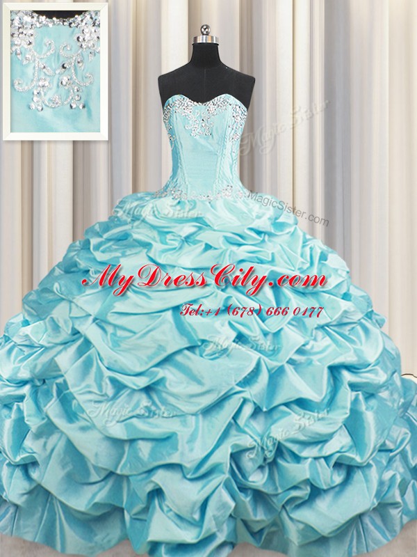 Affordable Pick Ups Brush Train Sweetheart Sleeveless Sweep Train Lace Up Sweet 16 Dress Aqua Blue Taffeta