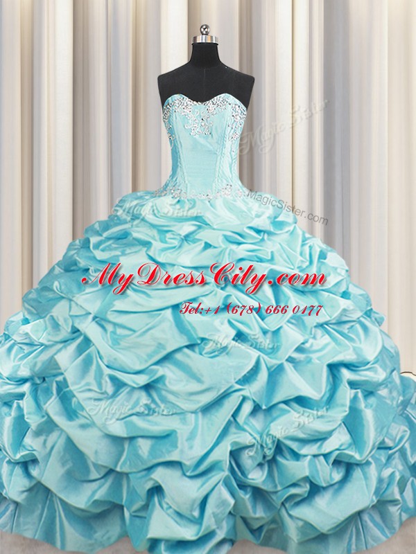 Affordable Pick Ups Brush Train Sweetheart Sleeveless Sweep Train Lace Up Sweet 16 Dress Aqua Blue Taffeta