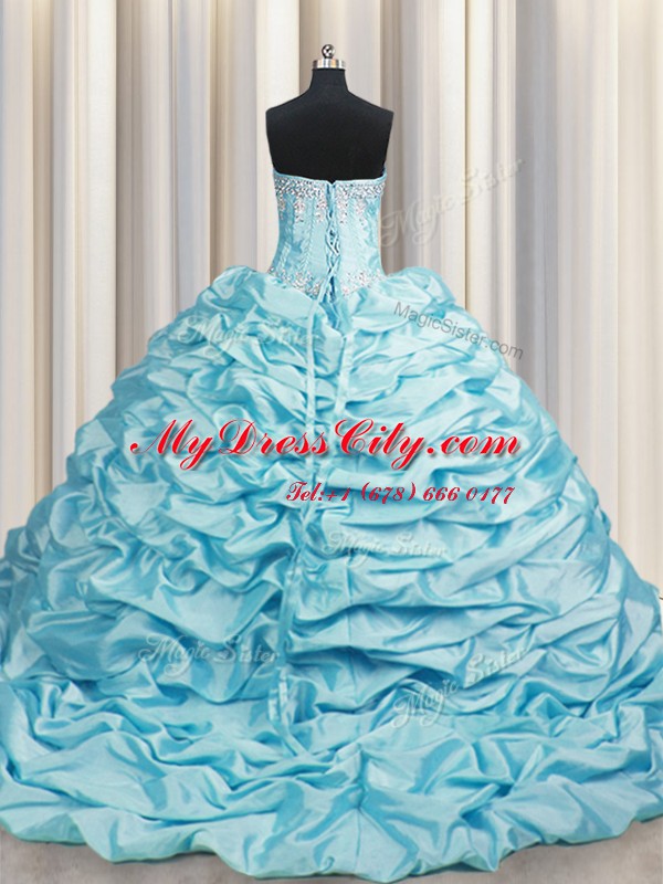 Affordable Pick Ups Brush Train Sweetheart Sleeveless Sweep Train Lace Up Sweet 16 Dress Aqua Blue Taffeta