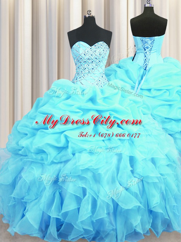 Luxurious Aqua Blue Lace Up Sweetheart Beading and Ruffles and Pick Ups Quinceanera Gown Organza Sleeveless