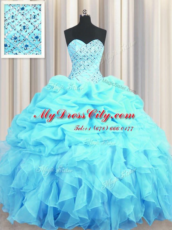 Luxurious Aqua Blue Lace Up Sweetheart Beading and Ruffles and Pick Ups Quinceanera Gown Organza Sleeveless