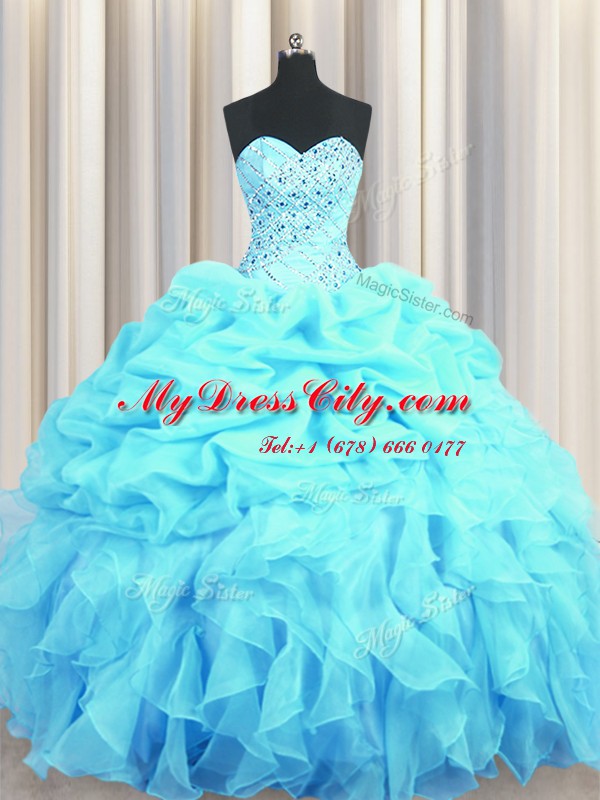 Luxurious Aqua Blue Lace Up Sweetheart Beading and Ruffles and Pick Ups Quinceanera Gown Organza Sleeveless