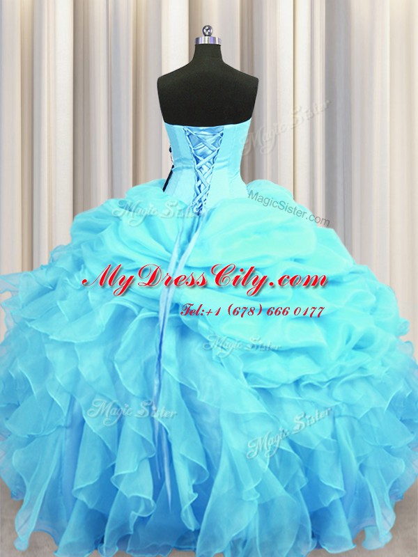 Luxurious Aqua Blue Lace Up Sweetheart Beading and Ruffles and Pick Ups Quinceanera Gown Organza Sleeveless