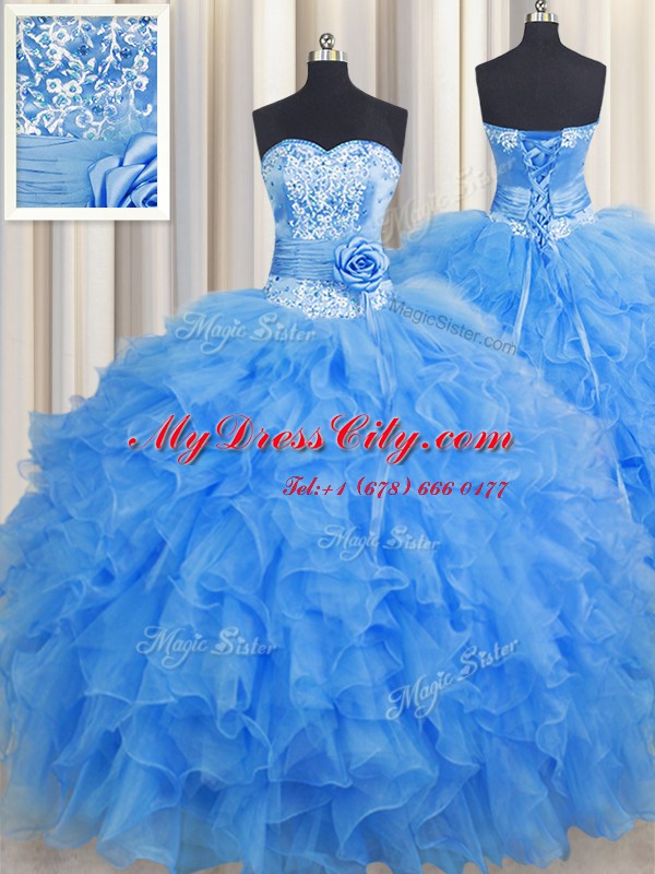 Handcrafted Flower Sleeveless Floor Length Beading and Ruffles and Hand Made Flower Lace Up Quince Ball Gowns with Baby Blue