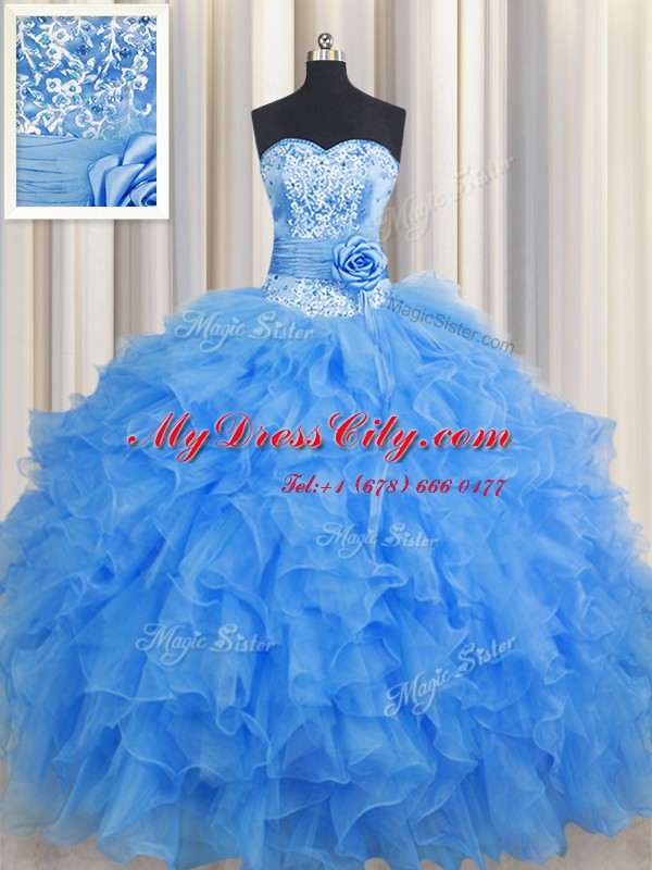 Handcrafted Flower Sleeveless Floor Length Beading and Ruffles and Hand Made Flower Lace Up Quince Ball Gowns with Baby Blue