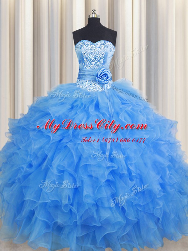 Handcrafted Flower Sleeveless Floor Length Beading and Ruffles and Hand Made Flower Lace Up Quince Ball Gowns with Baby Blue