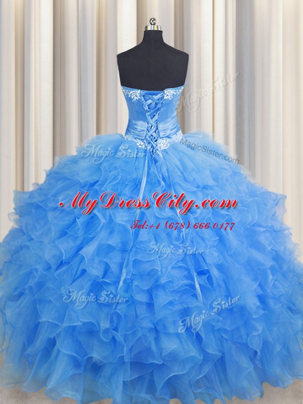 Handcrafted Flower Sleeveless Floor Length Beading and Ruffles and Hand Made Flower Lace Up Quince Ball Gowns with Baby Blue