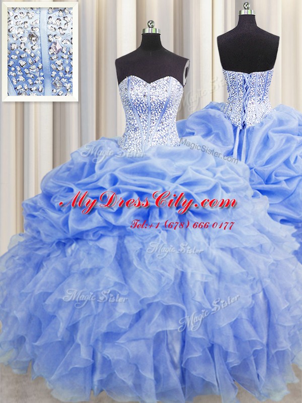 Fancy Visible Boning Sleeveless Ruffles and Pick Ups Lace Up Sweet 16 Dress