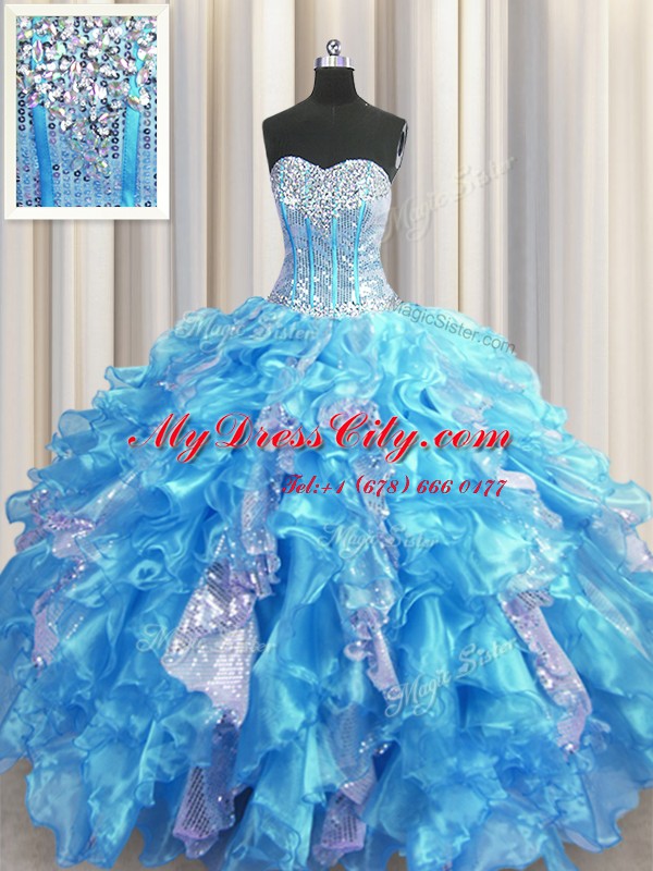 Edgy Visible Boning Baby Blue Lace Up Sweetheart Beading and Ruffles and Sequins Quinceanera Dresses Organza and Sequined Sleeveless