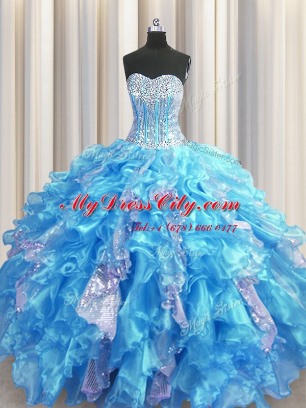 Edgy Visible Boning Baby Blue Lace Up Sweetheart Beading and Ruffles and Sequins Quinceanera Dresses Organza and Sequined Sleeveless