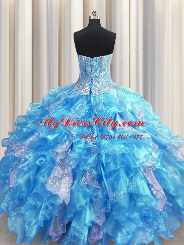 Edgy Visible Boning Baby Blue Lace Up Sweetheart Beading and Ruffles and Sequins Quinceanera Dresses Organza and Sequined Sleeveless