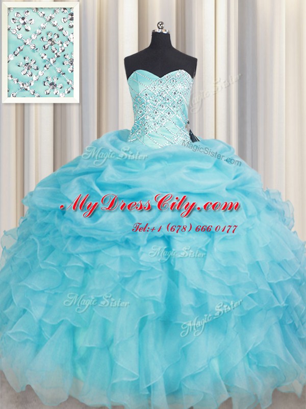 Trendy Organza Sweetheart Sleeveless Lace Up Beading and Ruffles Quince Ball Gowns in Baby Blue