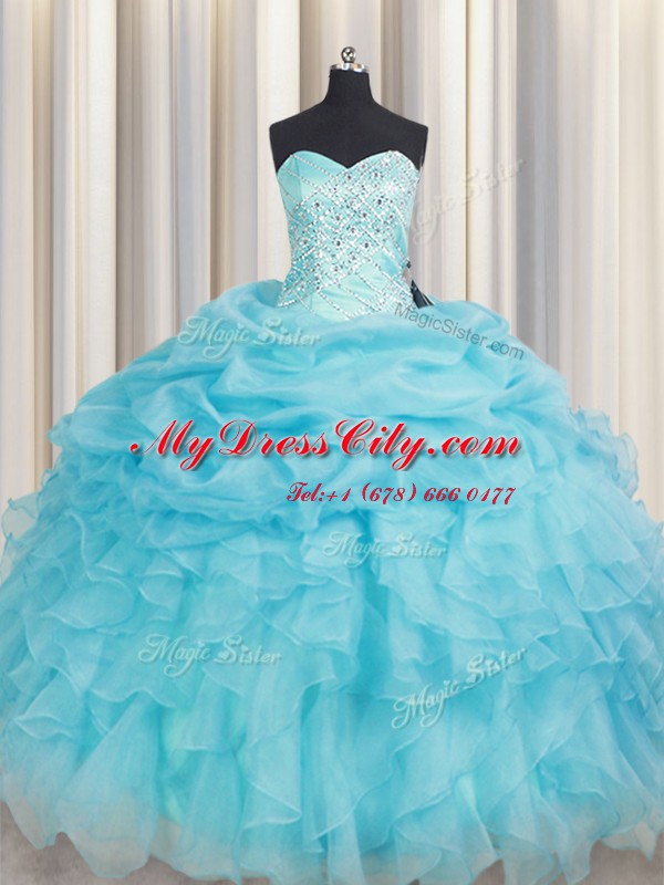 Trendy Organza Sweetheart Sleeveless Lace Up Beading and Ruffles Quince Ball Gowns in Baby Blue