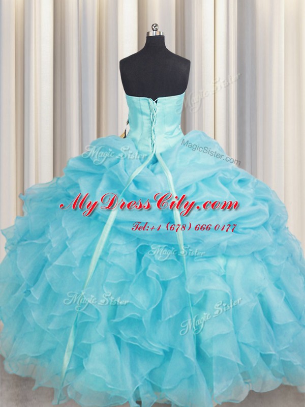 Trendy Organza Sweetheart Sleeveless Lace Up Beading and Ruffles Quince Ball Gowns in Baby Blue