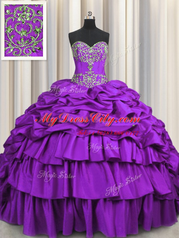 Most Popular Brush Train Purple Sleeveless Beading and Embroidery and Ruffled Layers and Pick Ups Lace Up 15th Birthday Dress