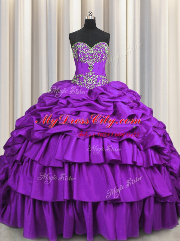 Most Popular Brush Train Purple Sleeveless Beading and Embroidery and Ruffled Layers and Pick Ups Lace Up 15th Birthday Dress