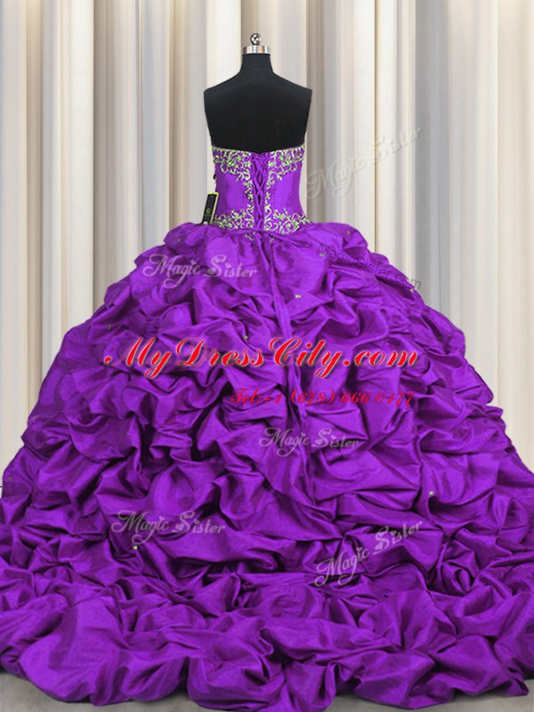 Most Popular Brush Train Purple Sleeveless Beading and Embroidery and Ruffled Layers and Pick Ups Lace Up 15th Birthday Dress