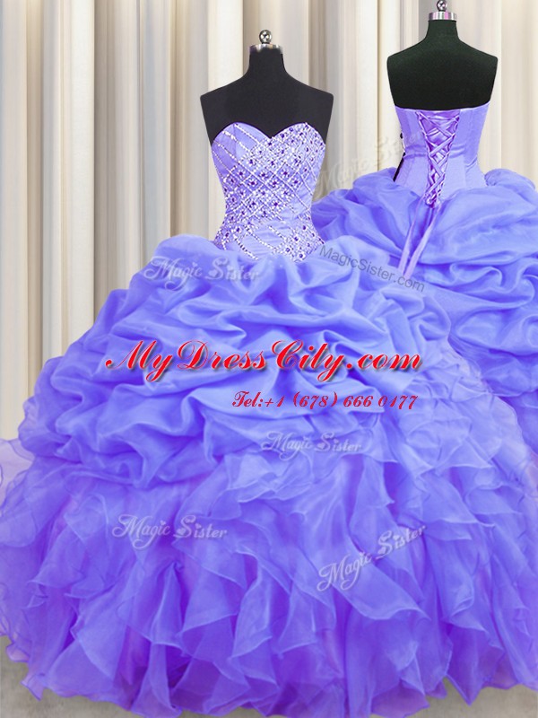 Custom Designed Sleeveless Beading and Ruffles and Pick Ups Lace Up 15 Quinceanera Dress