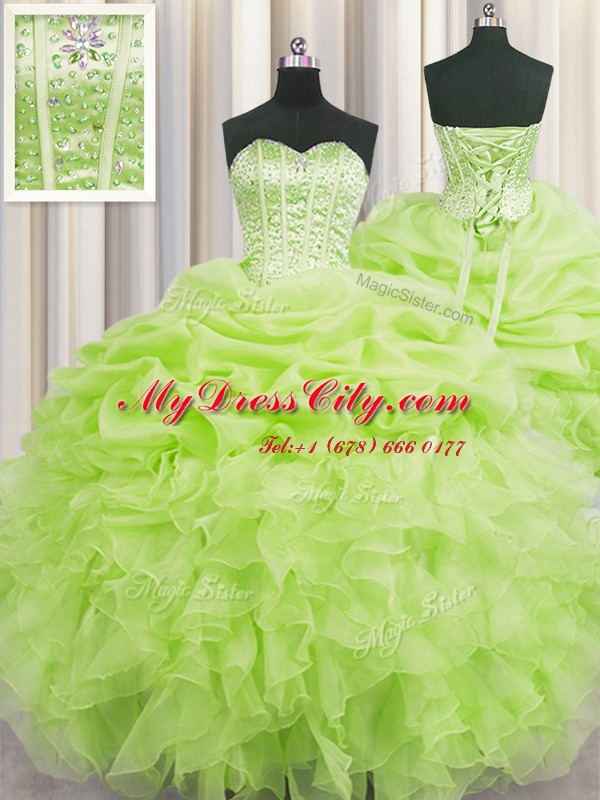 Hot Sale Visible Boning Yellow Green Sweetheart Lace Up Beading and Ruffles and Pick Ups 15 Quinceanera Dress Sleeveless