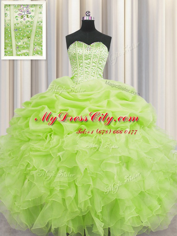 Hot Sale Visible Boning Yellow Green Sweetheart Lace Up Beading and Ruffles and Pick Ups 15 Quinceanera Dress Sleeveless