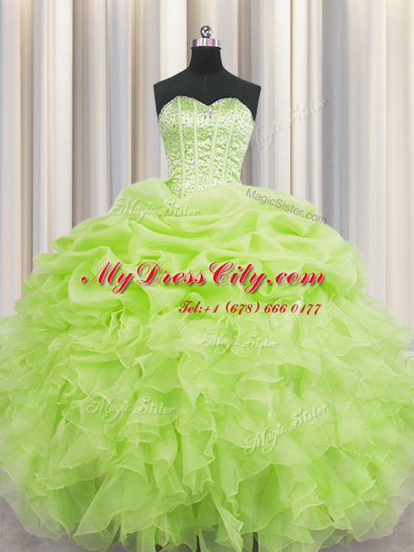 Hot Sale Visible Boning Yellow Green Sweetheart Lace Up Beading and Ruffles and Pick Ups 15 Quinceanera Dress Sleeveless