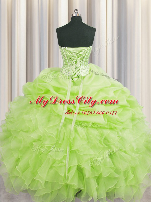 Hot Sale Visible Boning Yellow Green Sweetheart Lace Up Beading and Ruffles and Pick Ups 15 Quinceanera Dress Sleeveless