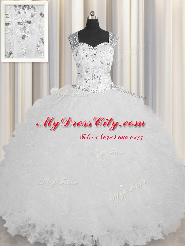 Exceptional See Through Zipper Up Sleeveless Tulle Floor Length Zipper Quinceanera Gown in White with Beading and Ruffles